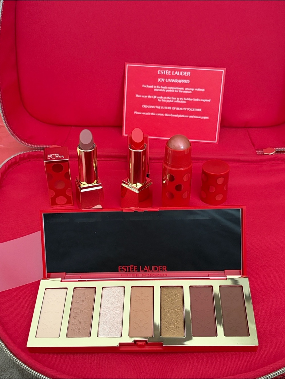 Estee Lauder Red Polka Dot Cosmetic Case with 2 lipsticks, 1 blush, 1 eyeshadow